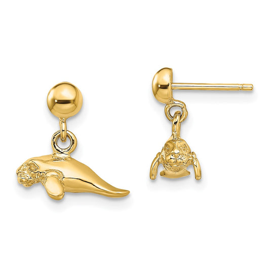 14K Yellow Gold 3-D Polished Mini Manatee Dangle Earrings