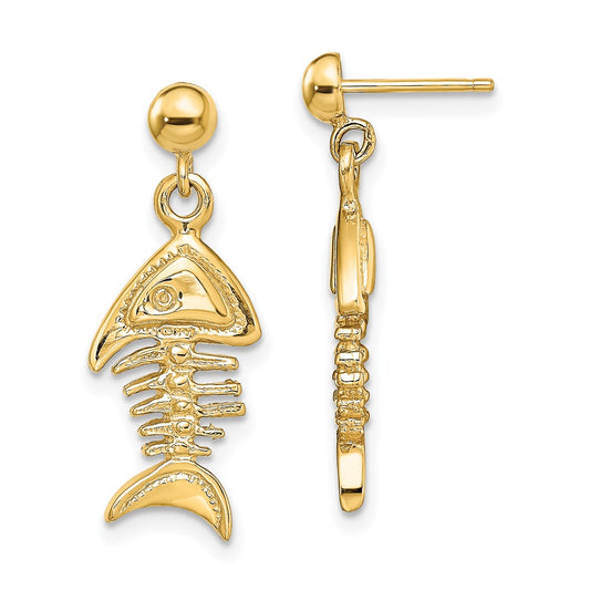 14K Yellow Gold 3-D Fishbone Dangle Earrings