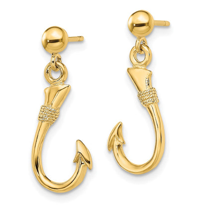 14K Yellow Gold 3-D Fish Hook Dangle Earrings