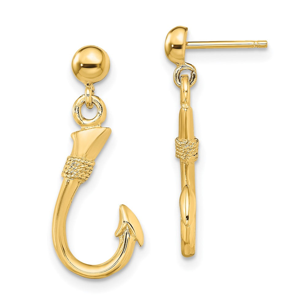 14K Yellow Gold 3-D Fish Hook Dangle Earrings
