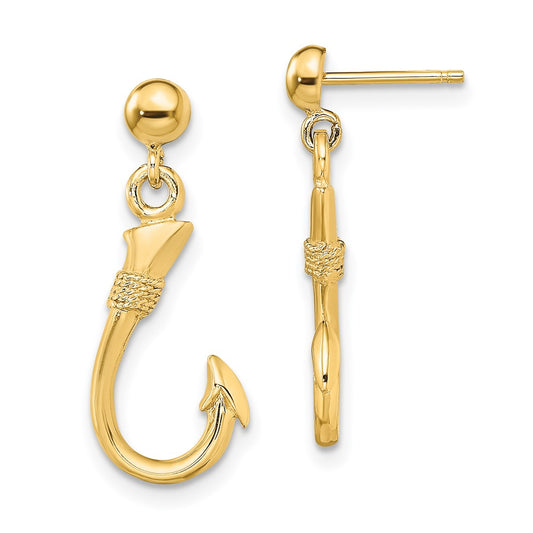 14K Yellow Gold 3-D Fish Hook Dangle Earrings