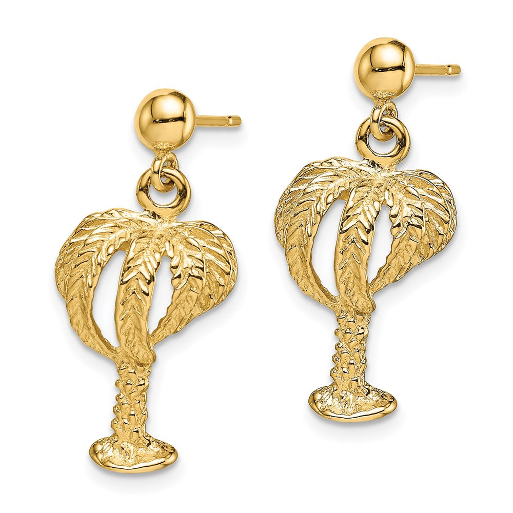 14K Yellow Gold Palm Tree W/Full Leaves Dangle Earrings