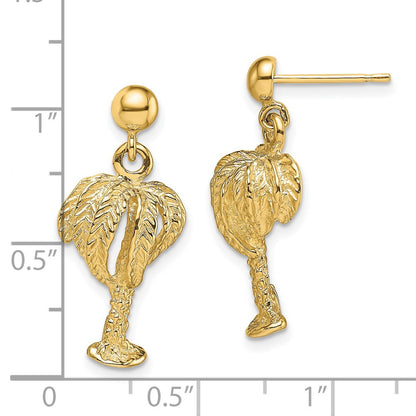 14K Yellow Gold Palm Tree W/Full Leaves Dangle Earrings