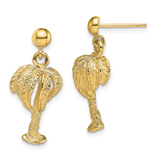 14K Yellow Gold Palm Tree W/Full Leaves Dangle Earrings