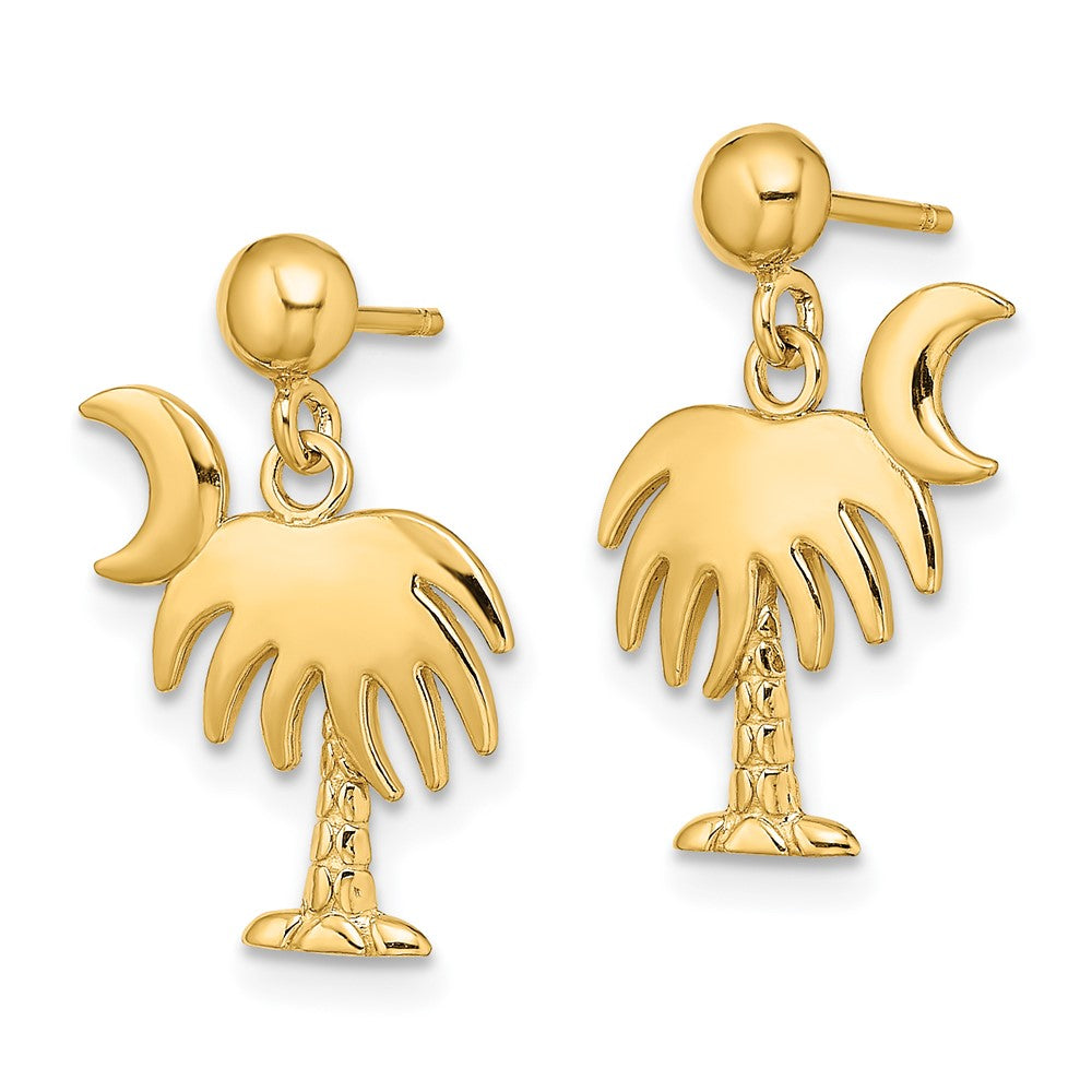 14K Yellow Gold Charleston Palm Tree W/ Moon Dangle Earrings