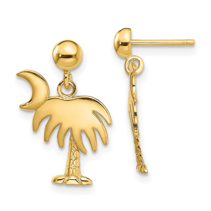 14K Yellow Gold Charleston Palm Tree W/ Moon Dangle Earrings