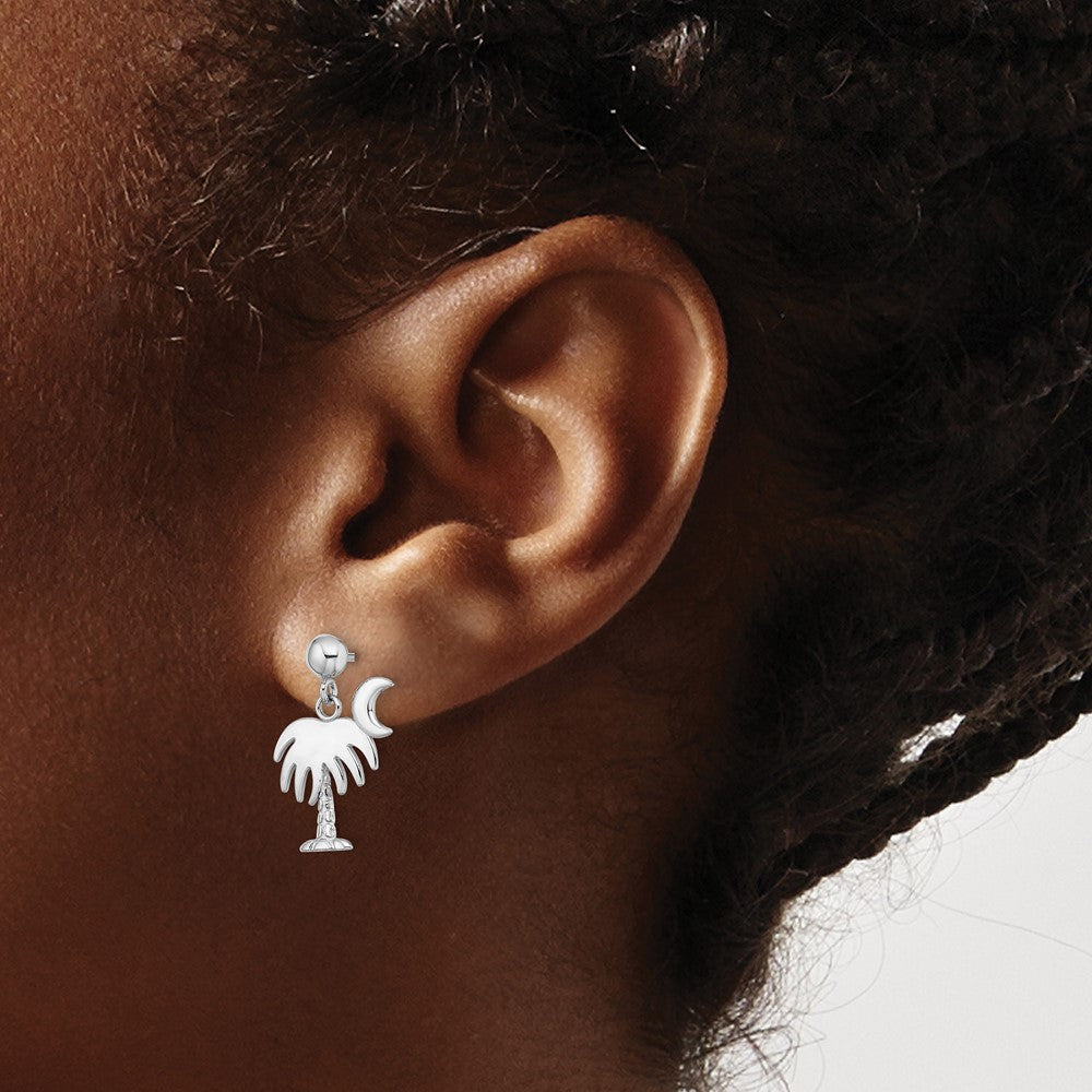 14K White Gold Charleston Palm Tree W/ Moon Dangle Earrings