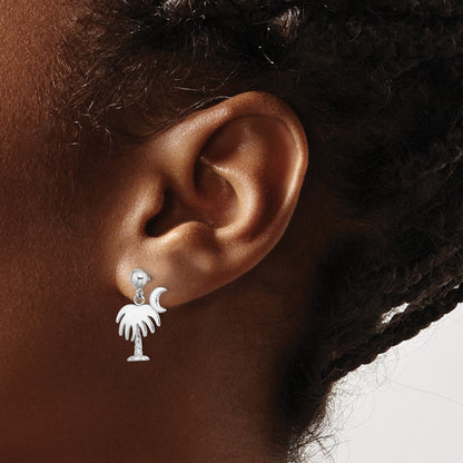 14K White Gold Charleston Palm Tree W/ Moon Dangle Earrings