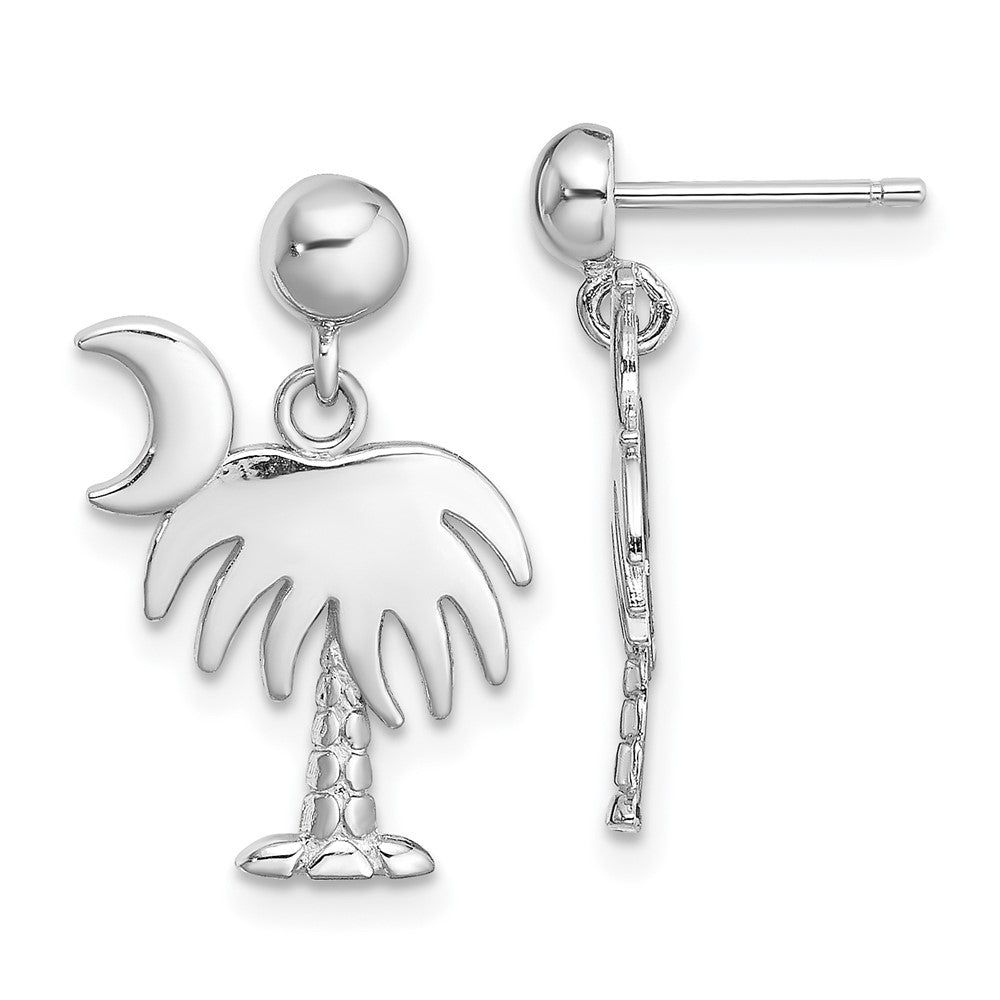 14K White Gold Charleston Palm Tree W/ Moon Dangle Earrings