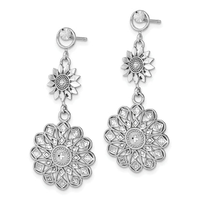 14K White Gold D/C Sunflower Style Double Drop Earrings