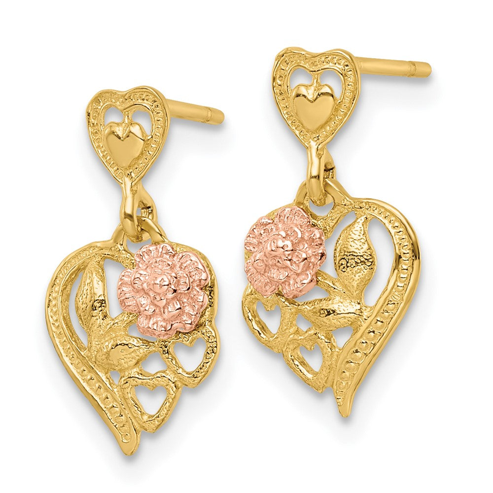 14K Two-Tone Heart W/Flower Post Dangle Earrings