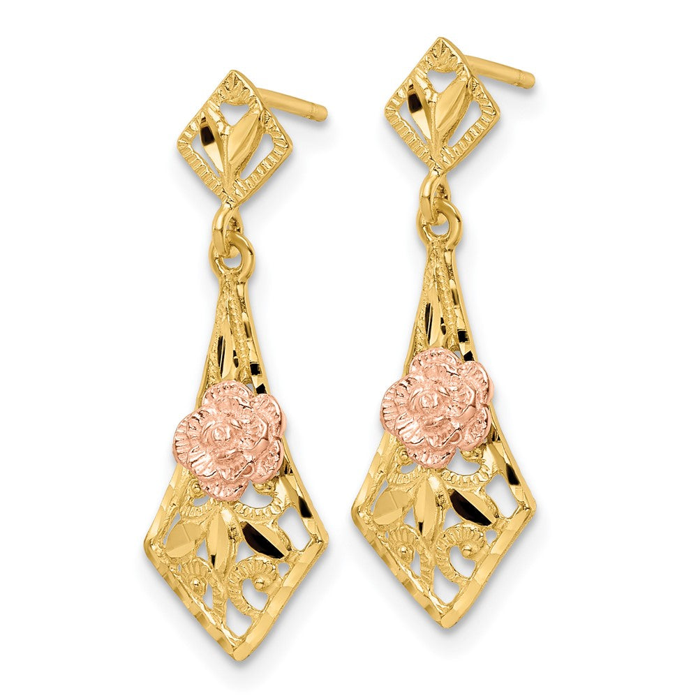 14K Two-Tone D/C Flower Post Dangle Earrings