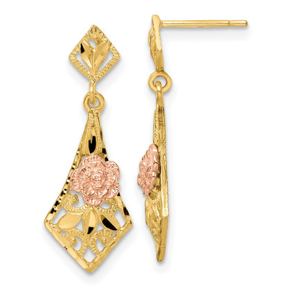 14K Two-Tone D/C Flower Post Dangle Earrings