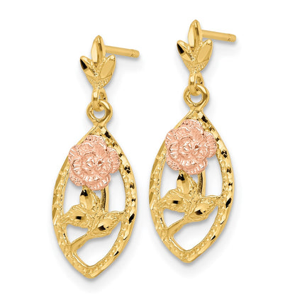 14K Two-Tone Textured Flower Post Dangle Earrings