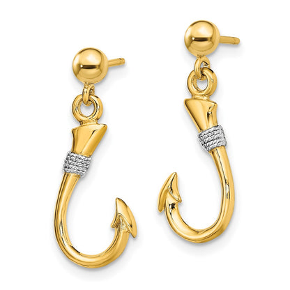 14K Yellow & Rhodium W/Rhodium 3-D Fish Hook W/ Rope Dangle Earrings