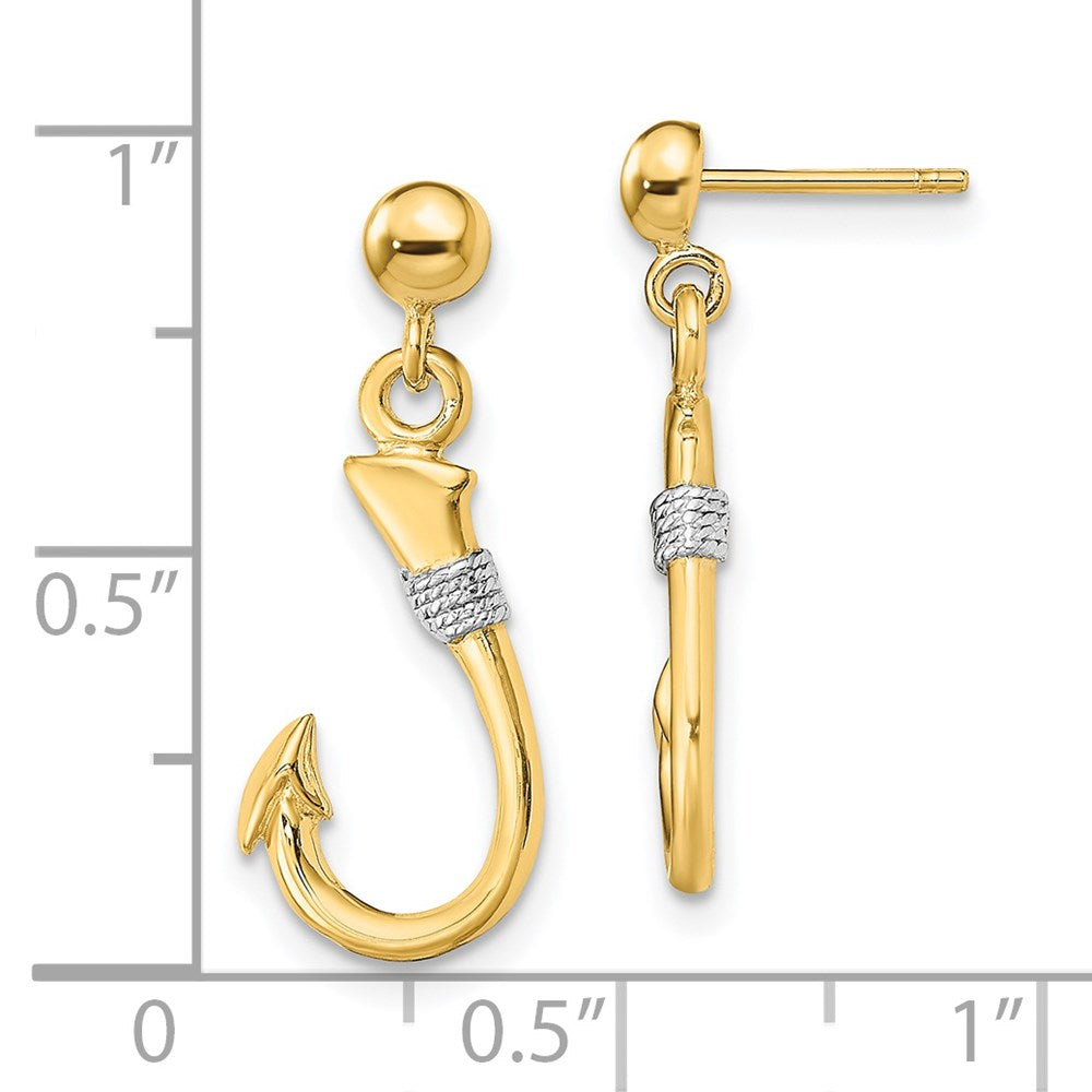 14K Yellow & Rhodium W/Rhodium 3-D Fish Hook W/ Rope Dangle Earrings