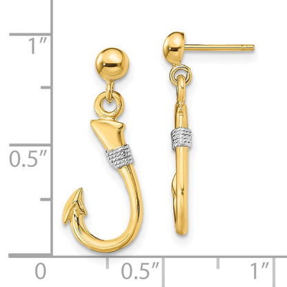 14K Yellow & Rhodium W/Rhodium 3-D Fish Hook W/ Rope Dangle Earrings