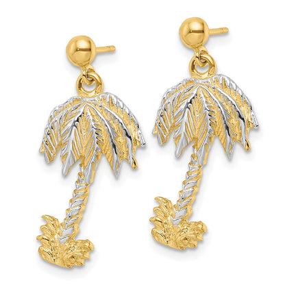 14K Yellow & Rhodium Textured W/Rhodium Palm Tree Post Dangle Earrings