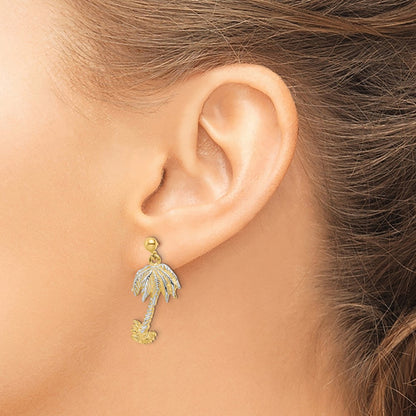 14K Yellow & Rhodium Textured W/Rhodium Palm Tree Post Dangle Earrings