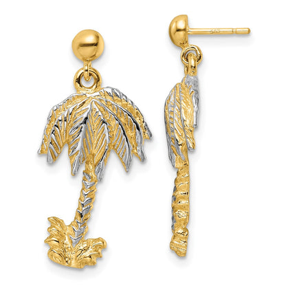 14K Yellow & Rhodium Textured W/Rhodium Palm Tree Post Dangle Earrings