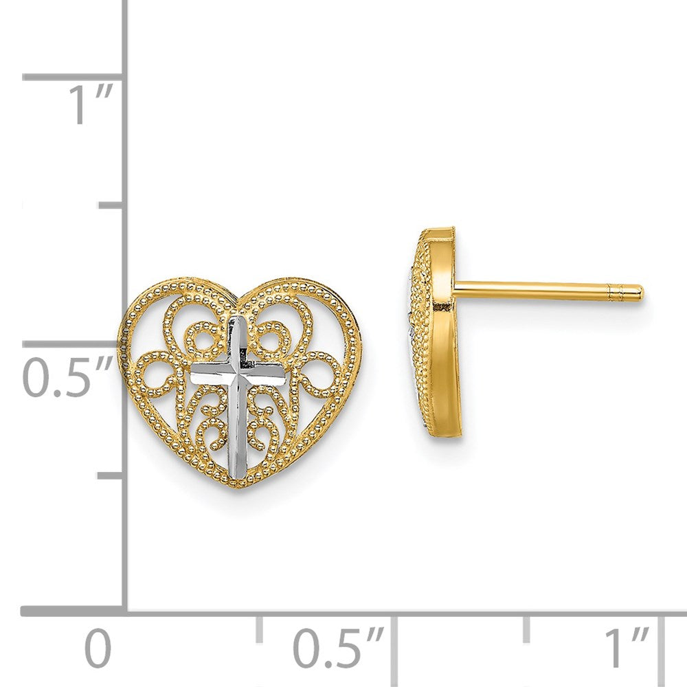 14K Yellow & Rhodium W/Rhodium Filigree Cross Center Heart Post Earrings
