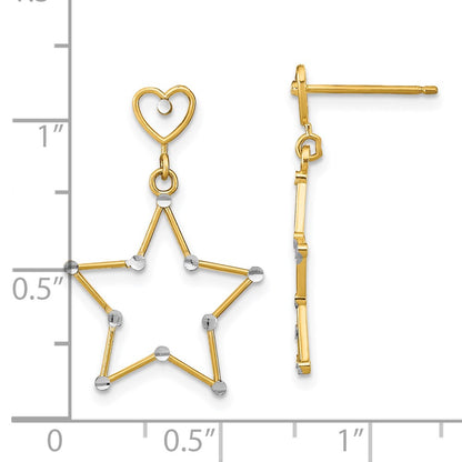 14K Yellow & Rhodium W/ Rh Diamond-Cut Heart And Star Post Dangle Earrings
