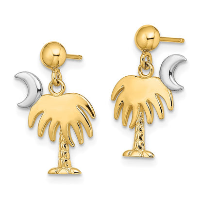 14K Yellow & Rhodium W/ Charleston Palm Tree Moon Dangle Earrings