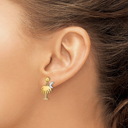 14K Yellow & Rhodium W/ Charleston Palm Tree Moon Dangle Earrings