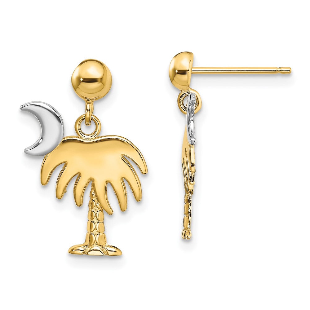 14K Yellow & Rhodium W/ Charleston Palm Tree Moon Dangle Earrings
