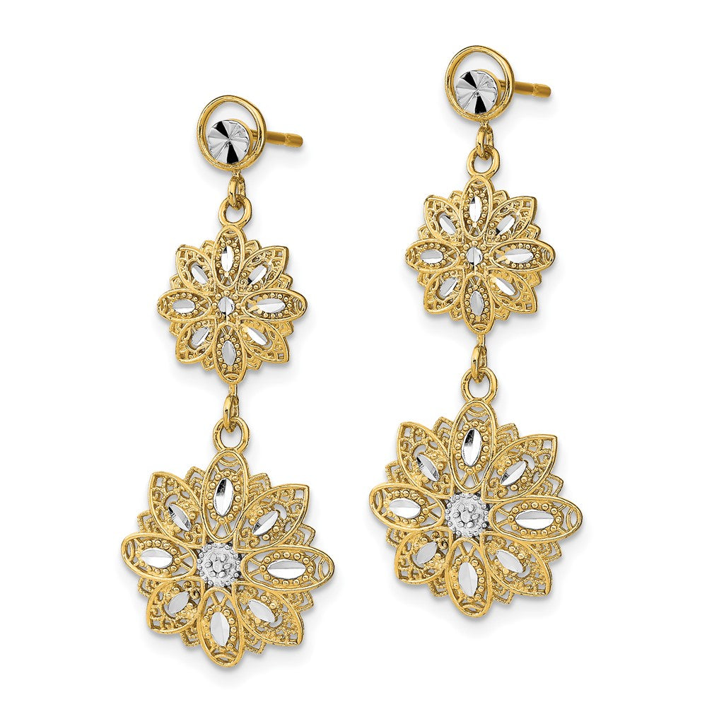 14K Yellow & Rhodium W/Rhodium D/C Filigree Floral Post Dangle Earrings