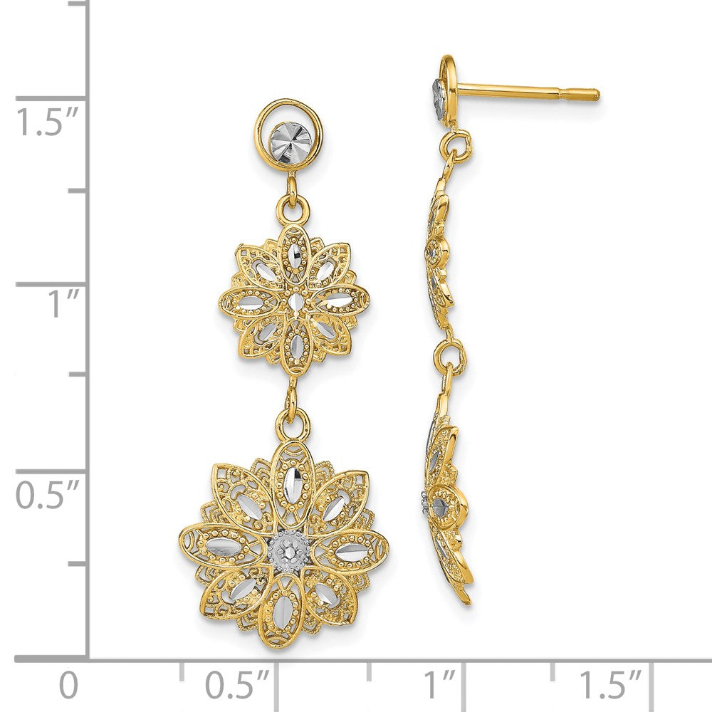14K Yellow & Rhodium W/Rhodium D/C Filigree Floral Post Dangle Earrings