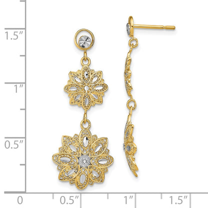 14K Yellow & Rhodium W/Rhodium D/C Filigree Floral Post Dangle Earrings