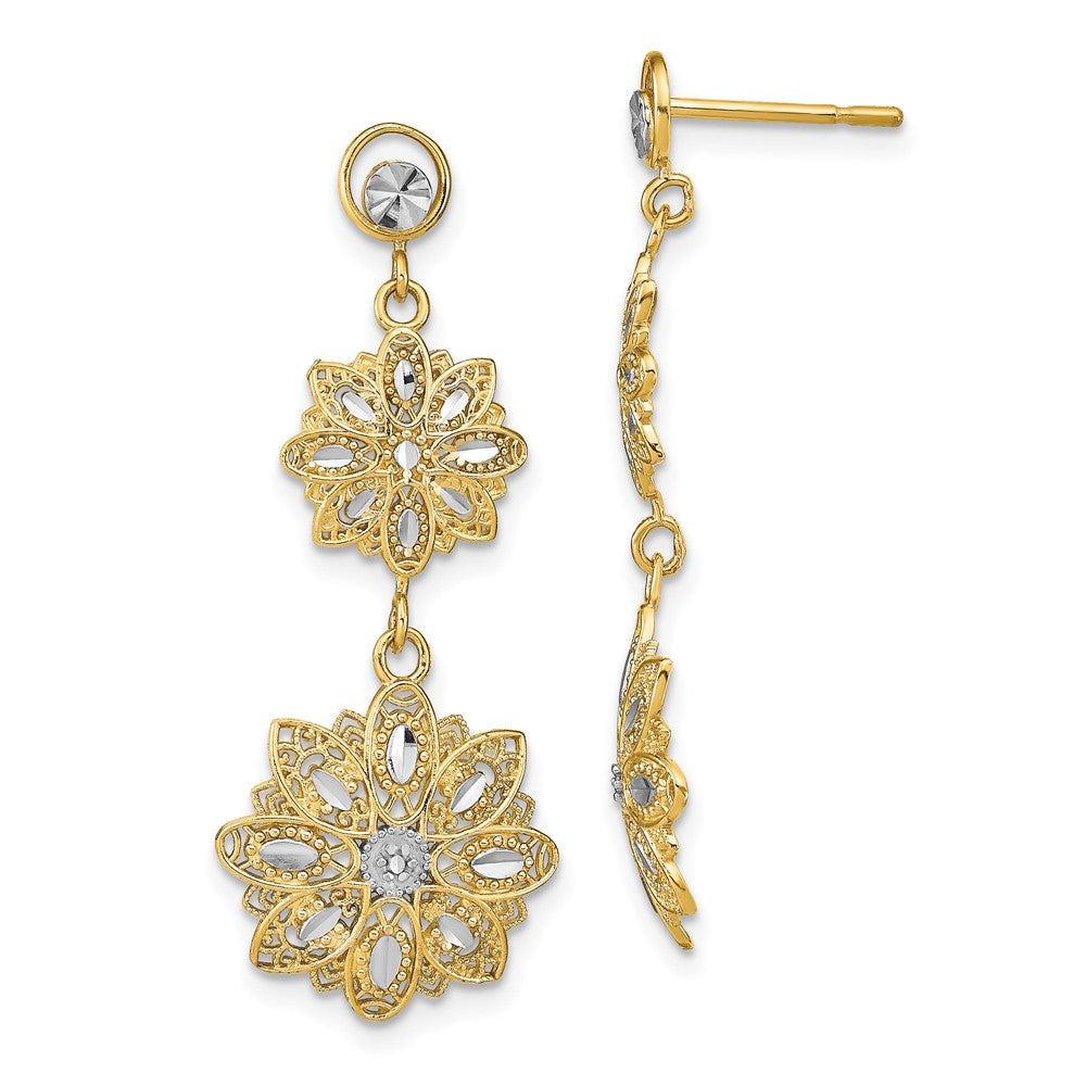 14K Yellow & Rhodium W/Rhodium D/C Filigree Floral Post Dangle Earrings