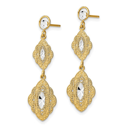 14K Yellow & Rhodium W/Rhodium Oval Filigree D/C Post Dangle Earrings