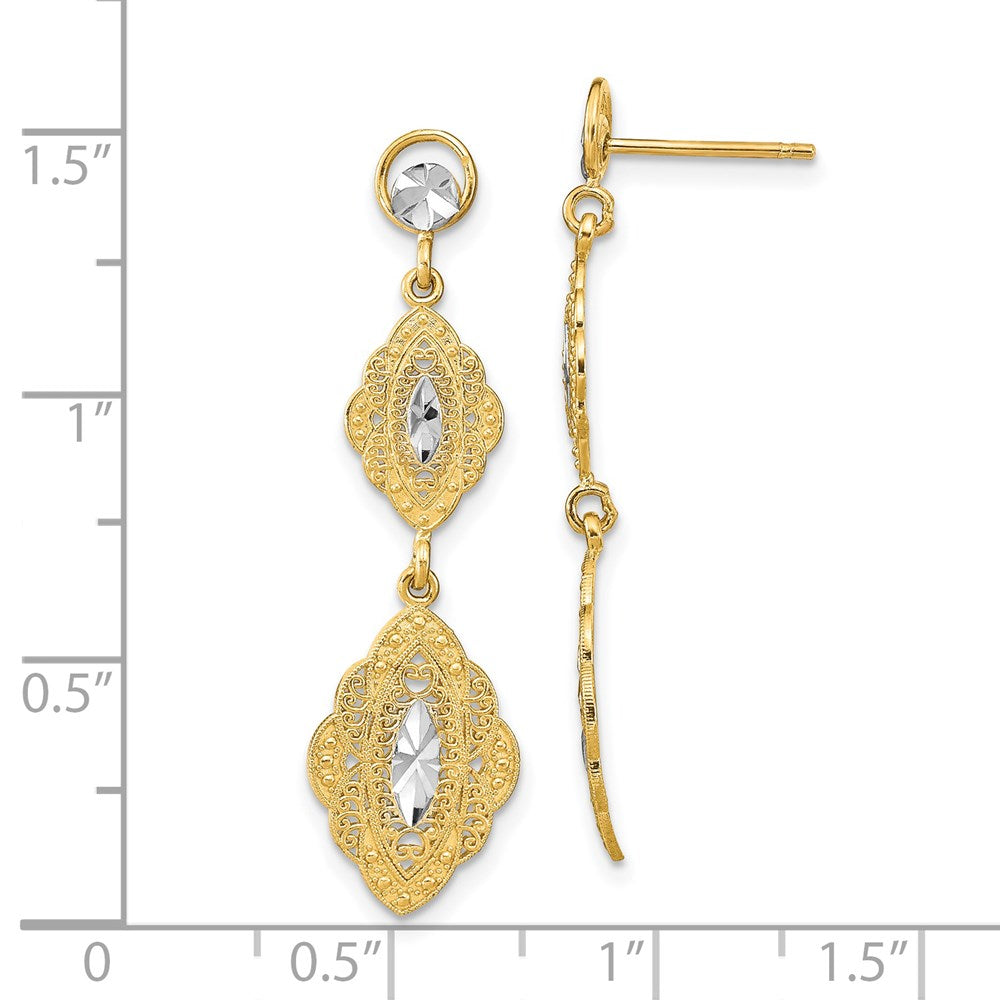 14K Yellow & Rhodium W/Rhodium Oval Filigree D/C Post Dangle Earrings