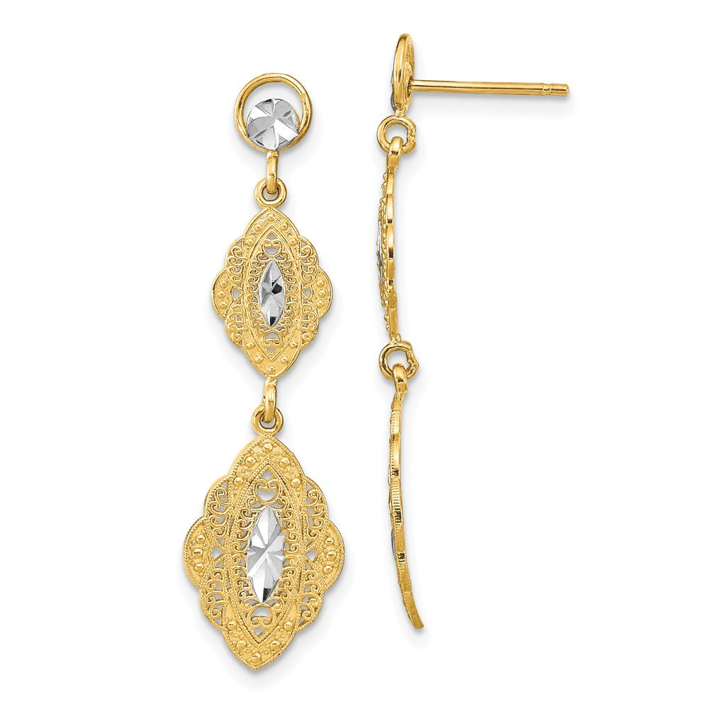 14K Yellow & Rhodium W/Rhodium Oval Filigree D/C Post Dangle Earrings