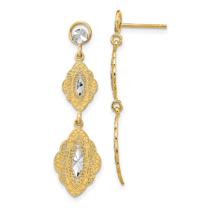 14K Yellow & Rhodium W/Rhodium Oval Filigree D/C Post Dangle Earrings