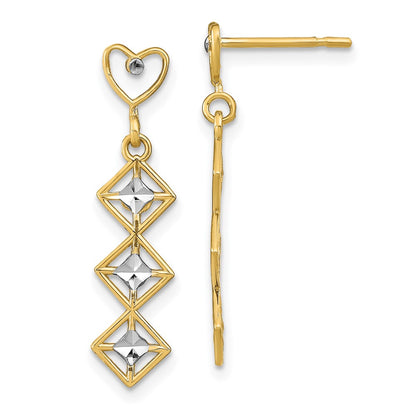 14K Yellow & Rhodium W/Rh D/C Heart And Diamond Shape Post Dangle Earrings