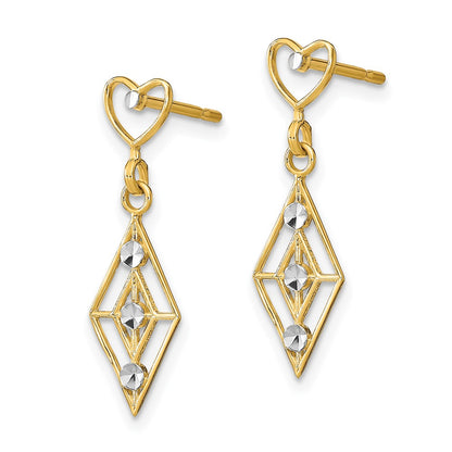 14K Yellow & Rhodium W/Rh Dia.-Cut Diamond Shape Heart Dangle Earrings