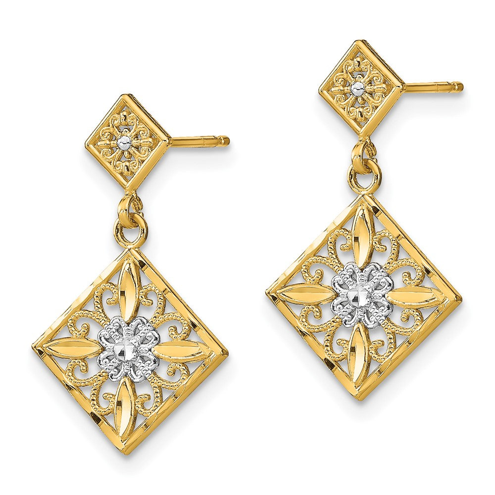 14K Yellow & Rhodium W/Rhodium D/C Square Filigree Dangle Earrings