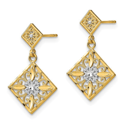 14K Yellow & Rhodium W/Rhodium D/C Square Filigree Dangle Earrings