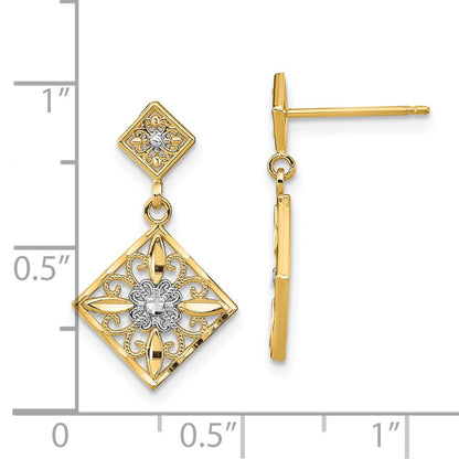 14K Yellow & Rhodium W/Rhodium D/C Square Filigree Dangle Earrings