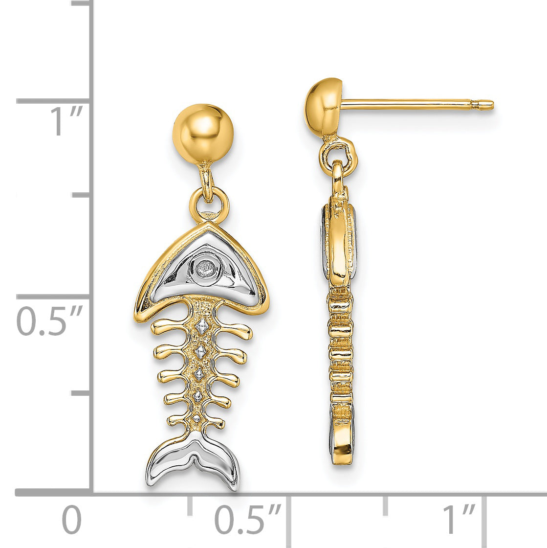 14K Yellow & Rhodium W/ Fishbone Dangle Earrings