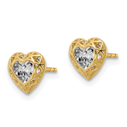 14K Yellow & Rhodium W/Rhodium Diamond-Cut Center Heart Post Earrings