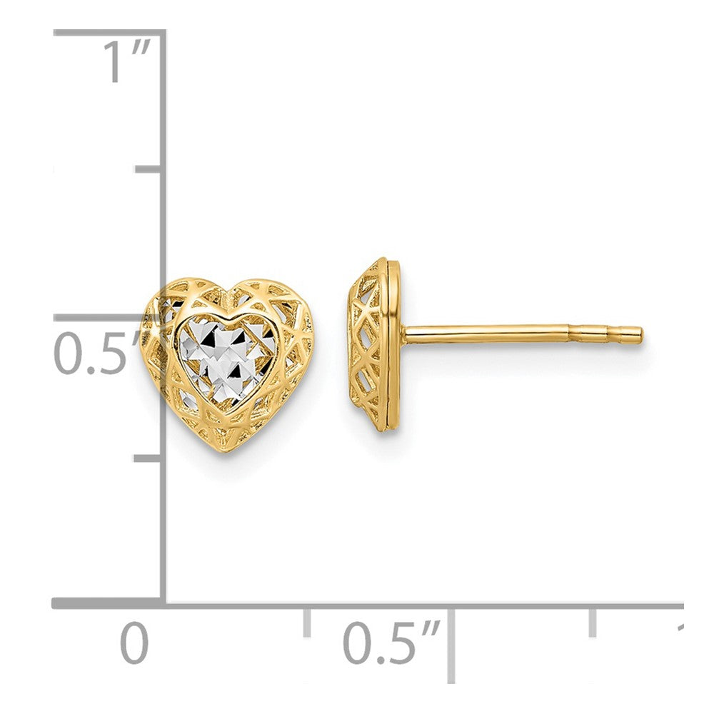 14K Yellow & Rhodium W/Rhodium Diamond-Cut Center Heart Post Earrings