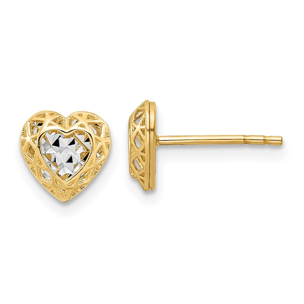 14K Yellow & Rhodium W/Rhodium Diamond-Cut Center Heart Post Earrings