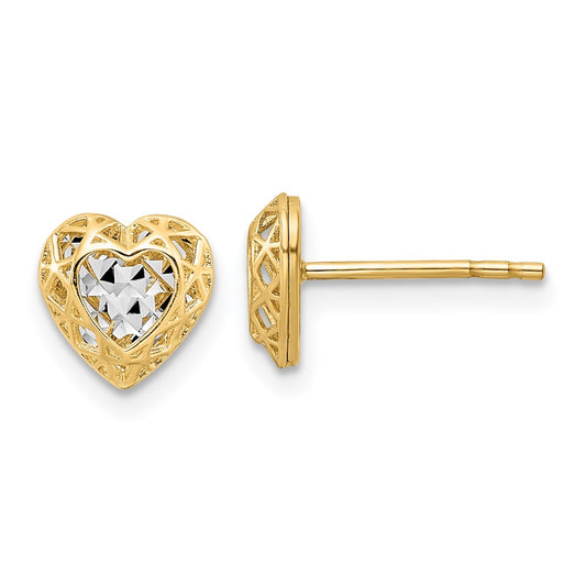 14K Yellow & Rhodium W/Rhodium Diamond-Cut Center Heart Post Earrings