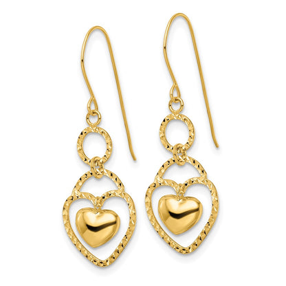 14K Yellow Gold D/C Open Heart Charm Earrings