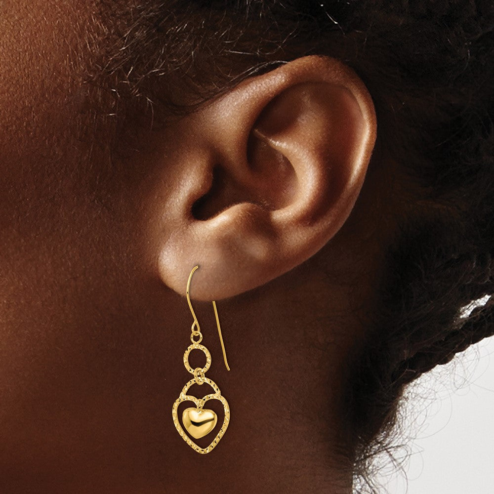 14K Yellow Gold D/C Open Heart Charm Earrings