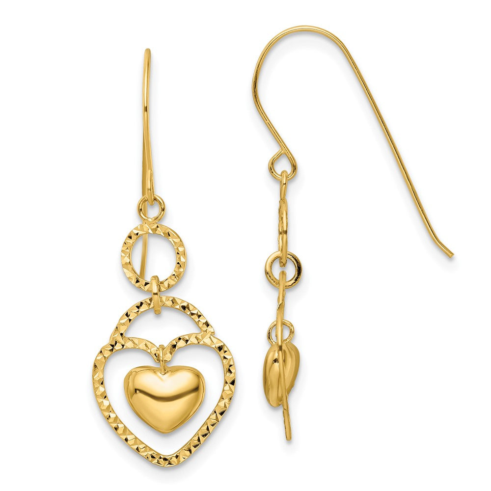 14K Yellow Gold D/C Open Heart Charm Earrings